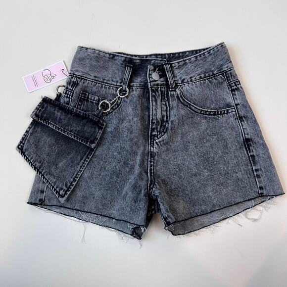 NEW Lychee Chain Pocket High Rise Denim Shorts size XS Black Gray Grunge Punk - Picture 1 of 8